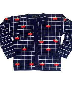 LeRoy Knitwear vintage 3D Cherry fruit cardigan blue embroidered  red cherries